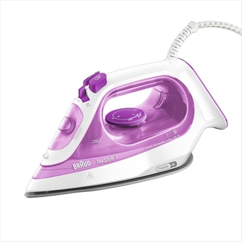 Braun TexStyle3 SI3030PU Ferro da Stiro a Vapore con 5 Anni di Assistenza, Piastra in Ceramica, Stiratura in Verticale, Punta di Precisione, Getto di Vapore 140g/min, Potenza 2300watt, Rosa Chiaro