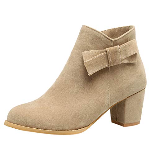 VECDY Bottines Femme, Couleur Unie Fermeture Eclair Bottes Femme Escarpins Camaïeu Suède Bloc Talon Courtes Bottines Noeud Papillon Talons Hauts Femmes Chaussure Dames Boots 5cm-8cm(Beige?36 EU