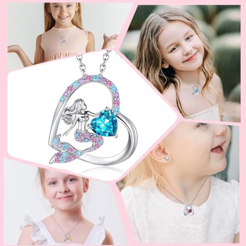 Mermaid Birthstone Necklace for Kids Girls Heart Mermaid Tail Beaded Necklace Gifts Birthday Jewelry for Little Teens Girls Daughter Granddaughter Niece4