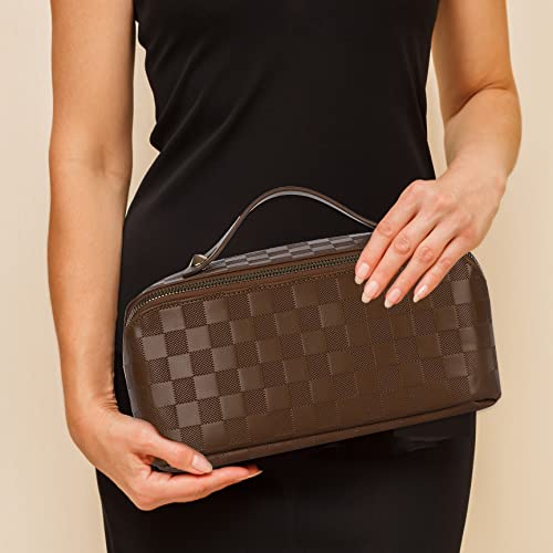 ALEXTINA Large Capacity Travel Cosmetic Bag - Portable Women Waterproof PU Leather Checkered Makeup Organizer with Dividers and Handle,Toiletry Bag for Cosmetics, Brown