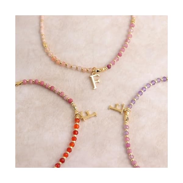 Gold Beaded Natural Stone Initial Bracelets for Women, Boho Handmade Lilac Personalized Gemstone Beads Letter Name Adjustable Bracelet Summer Jewelry Gift - Image 6