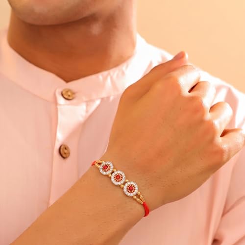 Image of Peora Om Shree Ram Swastik Rakhi for Brother Bhaiya | Crystal & Beads Studded | Red Thread | Raksha Bandhan Hamper with Roli Chawal Greeting Card