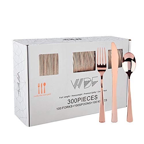 WDF 300 Pieces Rose Gold Plastic Silverware- Disposable Flatware Set - Heavy Duty Plastic Cutlery Includes 100 Forks 100 Spoons 100 Knives Perfect for Wedding/Party/Birthday
