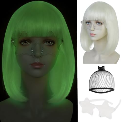 Image of ANOGOL White Bob Wig Women Glow In Dark Fluorescent Green Wigs