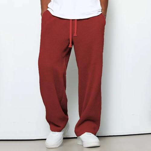 Waffle Pants Men Textured Drawstring Waist Wide Leg Trousers Solid Loose Lightweight Breathable Hiking Sweatpants2