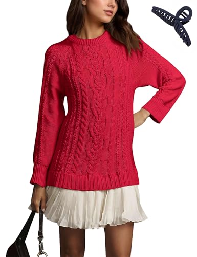 Cableknit Sweater Dress, Women Crewneck Cable Knit Sweater Mini Dress, Sweater Spliced Casual Dress