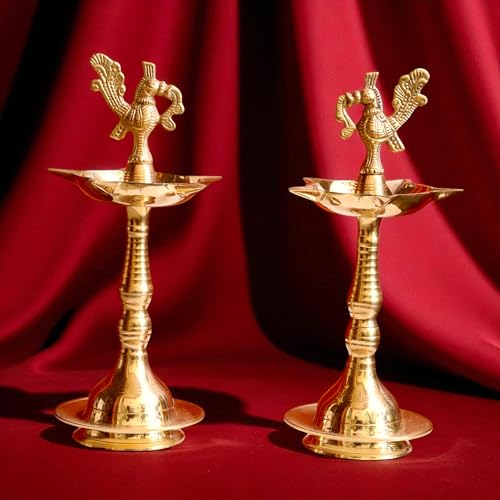 Image of Kerala Brass Diya with Peacock Design | Height: 9 Inch Premium Kerala Kuthu Vilakku I Panchmukhi Diya Puja, Home and Office Temple, Festive Gifting | Pack of 2 | Weight: 330 Grams Each