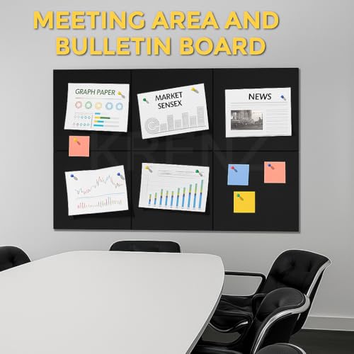 Image of KRENZ 6 Pcs Black Felt Bulletin Notice Board (30 X 30 CM) Self-Adhesive Wall Boards with 25 Pcs Drawing Pins List Board for Wall Vision Board for Manifestation Message Board for Office School Collage