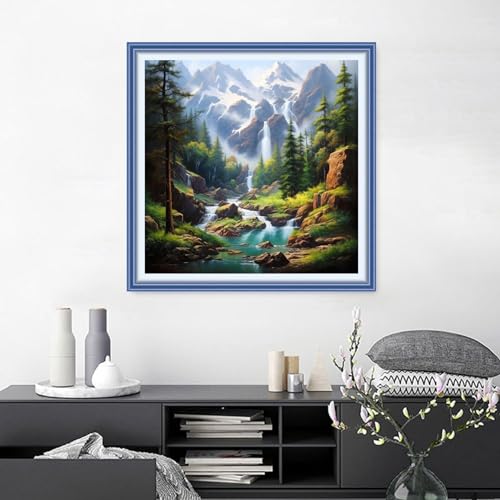 Image of Joyhoor Cross Stitch Kits for Beginners Stamped Cross-Stitch Supplies Needlework preprint Embroidery Kits for Adults DIY Needlepoint Kits Embroidery Patterns 11CT-Mountain River Scenery 18.x18 inch