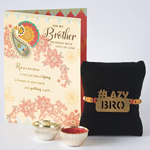 Image of ARCHIES Rakhi for Brother Rakshabandhan Combo of 1 Lazy Bro Rakhi with 1 Roli & Chawal Set-10gm & Greeting Card (Pack of 3) for Bhaiya|Bro|Bhai