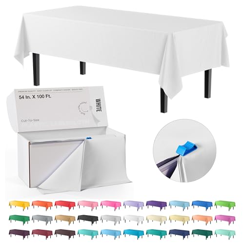 Image of Exquisite Party Solids 54 Inch X 100 Feet White Plastic Table Cover Roll in A Cut - to - Size Box with Convenient Slide Cutter. Cuts Up to 12 Rectangle 8 Feet Plastic Disposable Tablecloths