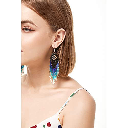 Long Beaded Leopard Print Earrings - Big Boho Statement Native Beaded Tassel Dangle Earrings For Women, Large Bohemian Handmade Seed Bead Fringe Earrings (Moon A) #TOP1