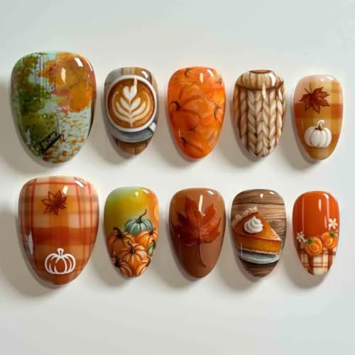 Fall Press on Nails Medium Almond Pumpkin Pie Maple Leaf Fake Nai...