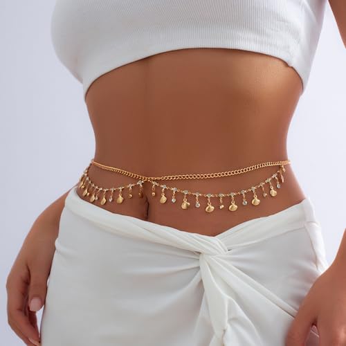 Image of Shining Diva Fashion Stylish Waist Belt Belly Chain for Women and Girls Sexy Hip Dresses Western Kamarbandh Saree Kamar Band Bandh Kamarband Crystal Studded Adjustable Body Chains Multilayered Bikini Jewelry Kamarchain Beach Wear