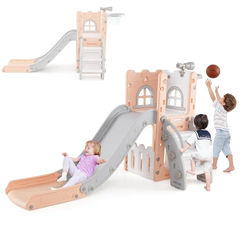HOMASIS 6 in 1 Scivolo per Bambini da Esterno, Parco Giochi con Canestro, Arrampicata e Telescopio, Struttura Triangolare Stabile, Scivolo da Giardino per Bambini da 1+ Anni (Rosa e Grigio)