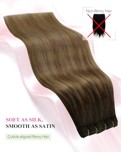 Image of YoungSee Sew in Human Hair Extensions Balayage Hand Tied Weft Hair Extensions Human Hair Sew in Extensions Chocolate Brown with Light Mix Golden Brown Balayage Straight Hair Bundle 16Inch 100G