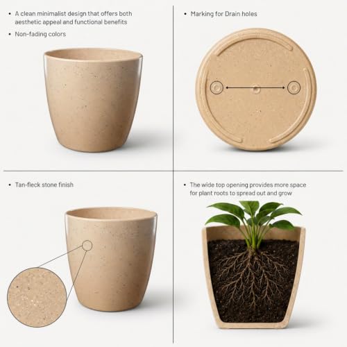 Image of YUCCABE ITALIA SHERA Stella 4 Inch Pack of 3 Piece Plastic Plant Pot for Home Decor Indoor Plant Pots for Living Room Plastic Flower Pot for Garden (Stone Beige, 10 INCH - 6 Pcs)