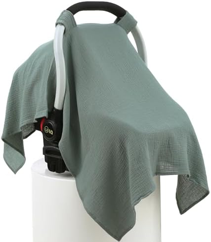 100% Muslin Cotton Car Seat Cover Baby, Carseat Canopy Cover, Universal Fit Stroller Covers for Boys and Girls (Roman Green)