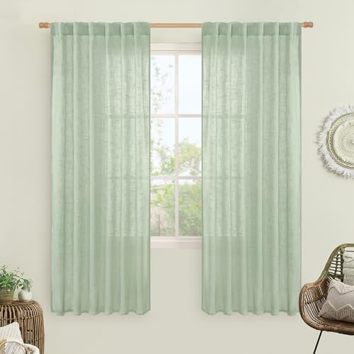 LAMIT Fresh Green Linen Semi Sheer Curtains for Living Room, 52 x 78 Inch