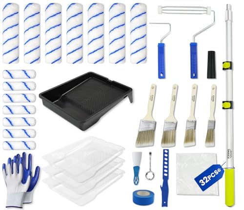 32PCS Paint Roller Kit with Extension Pole - 2 to 4 FT Pole, 4 inch 9 inch Paint Rollers, Paint Brushes for Walls, Painters Tape & Drop Cloth, Microfiber Roller Covers for Professional Painting