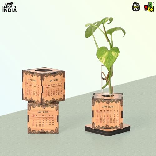 Image of Gift Kya De Eco-Friendly 2026 Desk Calendar with Planter & Pen Holder | GKD Wooden-Style Cube Table Calendar, Desk Organizer for Office & Home Decor | Perfect Corporate & Festive Gifting