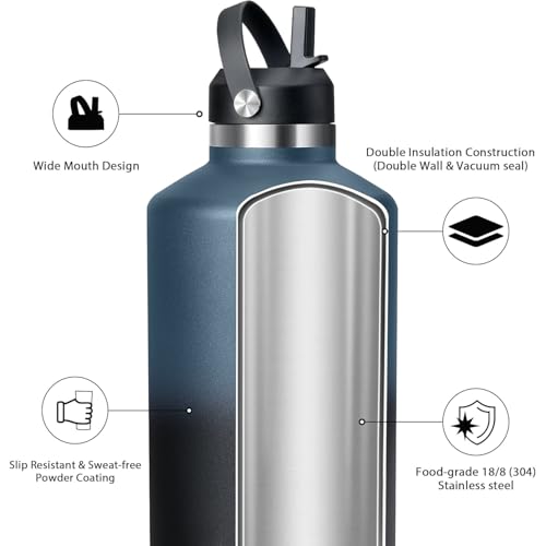Image of 64 oz Water Bottle,Half Gallon Stainless Steel Water Bottles Insulated,Double Wall & Leak Proof, Travel,Football,Gym,Camping Essentials,Keep Cold All Day,Indigo Black Gradient
