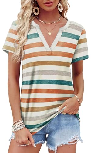 Image of WEESO Womens Tops Summer Short Sleeve V Neck Blouses Business Casual Loose Fit Tshirts Trendy Fashion Outfits
