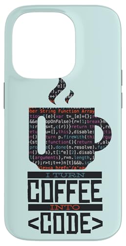 I TURN COFFEE INTO CODE 楽しいウェブ開発者コーディングミーム スマホケース iPhone 14 Pro 用