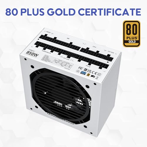 Image of Vetroo 850W Power Supply Dual PCIe 5.1 ATX 3.1 Ready, 80 Plus Gold Full Modular, Quiet Operation with 120mm FDB Fan, 10-Year Warranty - White