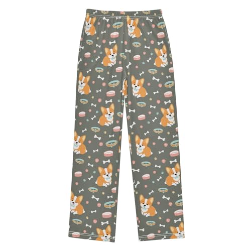 Corgi Dog Bones Print Boys Long Pants Soft Trousers Elastic Waist Kids Lounge Bottoms with Pockets S-XL