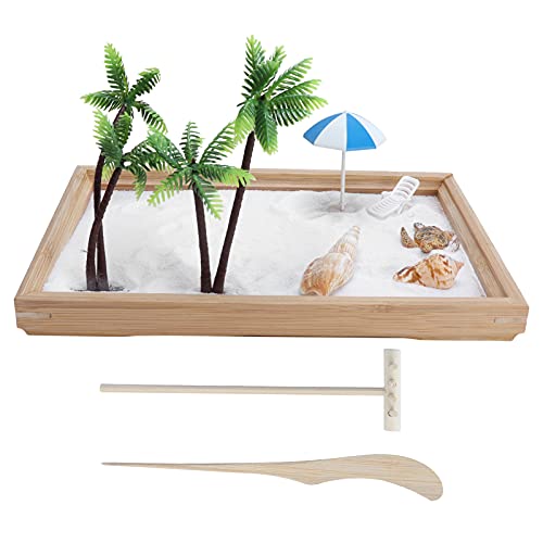 Desktop Miniature Beach Zen Garden, Ocean Sand Tray Decoration Desk Sandbox Mini Beach Zen Sand Garden Box Decor Set for Home Office