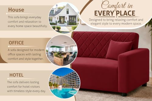 Image of Rosebell 3 Seater Wooden Sofa for Living Room, Modern Fabric Upholstered Sofa with Quilted Backrest, Cushioned Seating, Padded Armrests & Sturdy Wooden Frame - Red