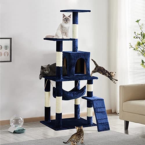LEMROE Arbre à chat multi-niveaux de 151 cm avec échelle et hamac, meubles d'activités pour animaux domestiques, en sisal et en peluche, pour chats (bleu marine) Cover