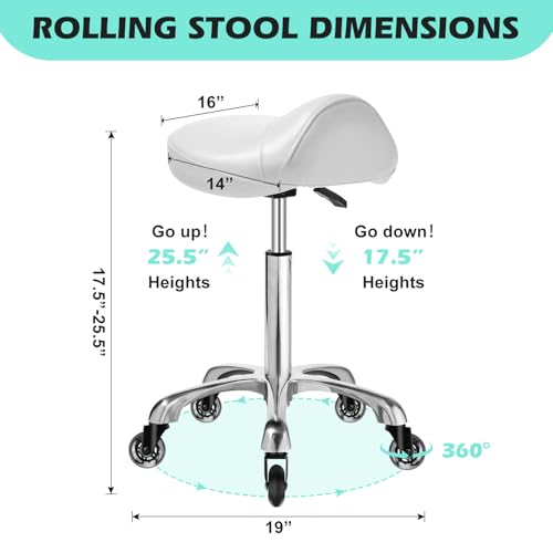 Image of Ergonomic Saddle Stool with wheels - Upgraded Thicker Leather Seat Cushion, Healthy Posture Correction, Silky Smooth Gliding, Adjustable Rolling Saddle Stool Chair for Salon Medical Massage, White