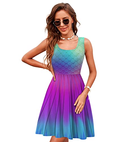 Image of uideazone Women Funny Print Sleeveless U Neck A Line Casual Midi Dress | Soft Stretchy Breathable Fabric Flared Swing Sundress Fitted Waist for Daily Wear 80 /90s Themed Party Beach Vacation Trips