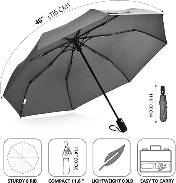 PRANIJ One-Click Auto Open/Close 3-Fold Travel Umbrella For Women, Men, & Kids, Sun & UV Protection Compact Lightweight Windproof Umbrella for Rain (Light Grey) 3