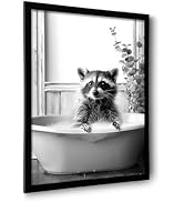 OIQArtOIQ Framed Bathroom Decor Wall Art Funny Raccoon in Bathtub Canvas Painting Prints Black an...