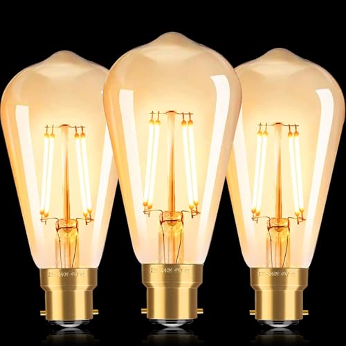 FASUTY Dimmable Bayonet Light Bulbs Edison,Vintage LED Filament Bulb B22,ST64 Amber Glass CRI 90+ Decorative Bulbs,No Flicker Retro Antique Bulbs,4W(40W Equivalent) Warm White 2700K-3PACK