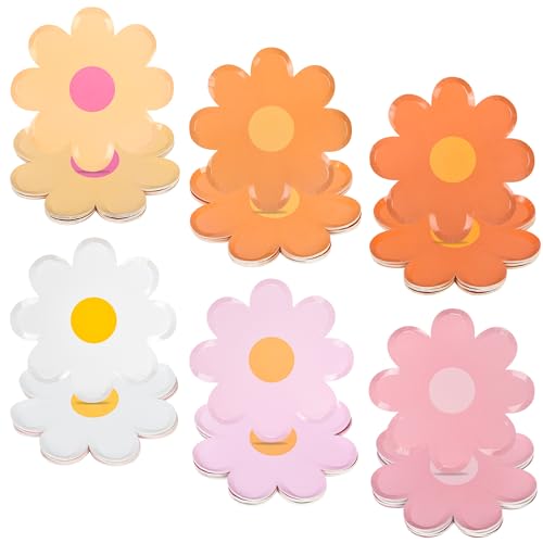 Image of 48Pcs Groovy Daisy Paper Plates Floral Shaped Scalloped Dinner Plates