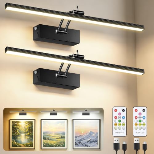 Image of 16inch Picture Lights for Wall, 5200mAh Battery Operated Art Light with Remote, 6 Color Temperature, Dimmable Metal Lights for Pictures On Wall for Living Room Bedroom Hallways Black 2 Pack