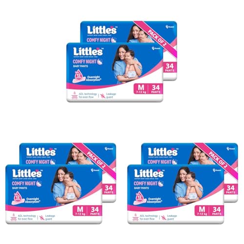 Image of Little's Baby Diapers M Size (Medium) Pants Style | 7-12 kg | 68 Count | Comfy Nights Baby Diaper Pants with Leakage Guard & Upto 12 Hours Absorption (34 Count, Pack of 6)
