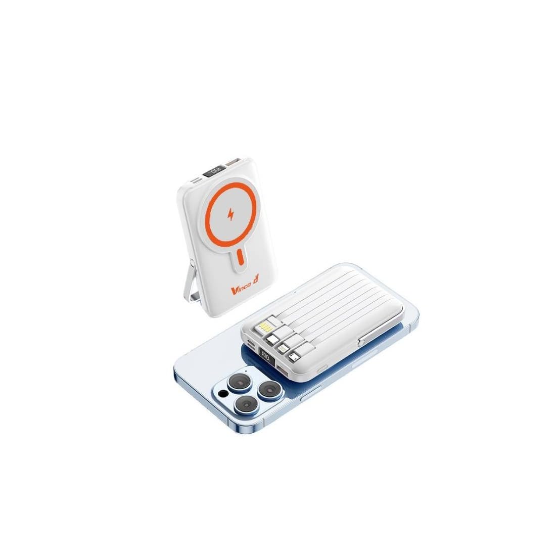 Vinco Power Bank 10000mAh, Bianco, Ricarica Wireless compatibile con MagSafe, 15W, Cavi Integrati, Schermo LED, USB e USB-C