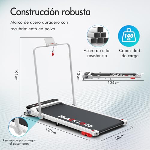 BLACK LORD Cinta de Correr Debajo del Escritorio asa, 4 en 1 para Correr Caminar, 3,2 HP, portátil, para el hogar y la Oficina, soporta hasta 140 kg, Control con Pulsera + App,Barandilla, Blanca