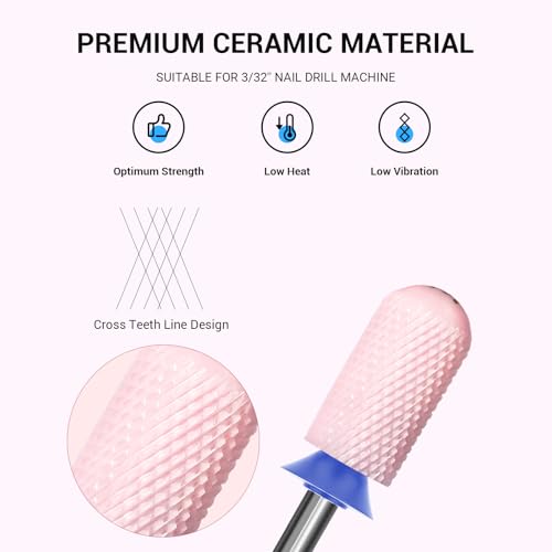 Image of MelodySusie Ceramic Nail Drill Bit, 3 /32'' Smooth Round Top Large Barrel Bits, Suitable for Manicure Pedicure Cuticle Gel Polishing, Beginners Bits, Pink, Series Bit-S, Medium