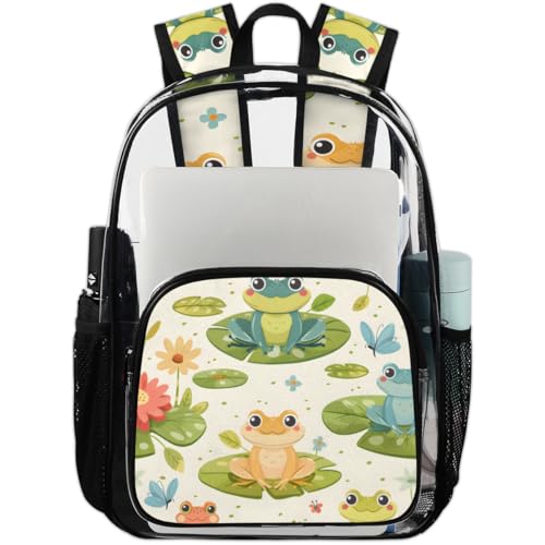 Pond Watercolor Frogs Flowers Clear Backpack Stadium Approved PVC Backpacks for Adults Heavy Duty Clear Bag for Work Security Travel College