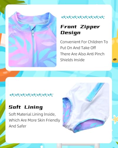 Image of Girls Long Sleeve One Piece Swimsuit Rash Guard Swimwear Zipper Quick Dry Bathing Suits Sun Protection UPF 50+ (Ages 4-12)