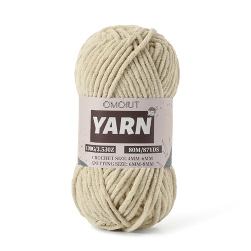 Image of Light Khaki Fluffy Chenille Yarn for Crocheting - Baby Yarn for Crocheting Soft Blanket - (100g /87.4yds) Crochet Amigurumi Chunky Yarns - Super Bulky 5 Velvet Yarns
