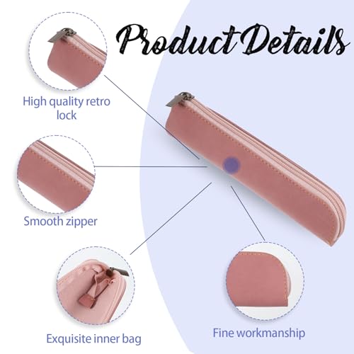 Image of Psyqtsuary Leather Pencil Pouch, 2 Pcs Soft Flat Slim Pencil Case Portable Small Pencil Pouch with Zipper Simple Makeup Bag Lipstick Case for Women Men Home, Office, Travel Outdoor (Pink, Brwon)