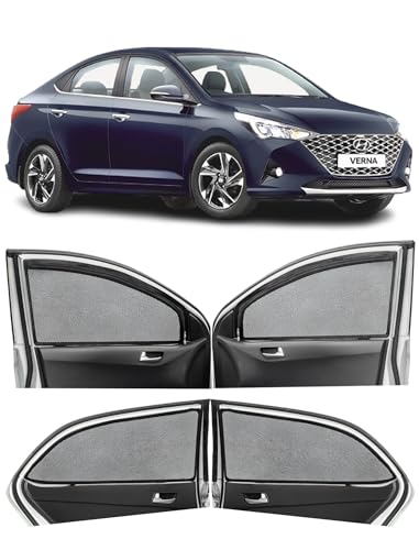 Image of Autofact Magnetic Car Sunshades Compatible with Hyundai NexGen Verna (2017 to 2022) (Set of 4) - Easy Installation, UV Protection, Keeps Car Cool (Front 2 with Zippers, Rear 2 Without Zippers)