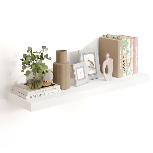 Heimlove 36 Inch White Floating Shelves for Wall 10 Deep Wood Shelves with Invisible Brackets Wall Mounted Storage & Display Shelves for Bedroom Living Room Kitchen Office